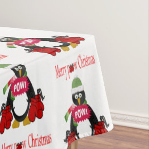 Merry Pow Christmas Tablecloth, Penguin Boxing Tablecloth