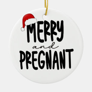 Merry & Pregnant Pregnancy Announcement Santa Hat Ceramic Ornament