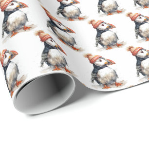 Merry Puffin Christmas Pattern Wrapping Paper