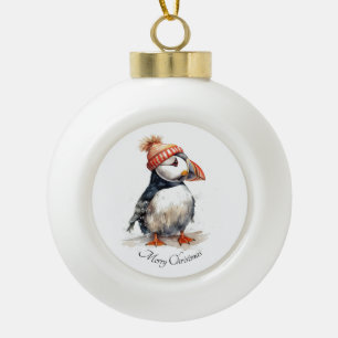 Merry Puffin, custom Ceramic Ball Christmas Ornament