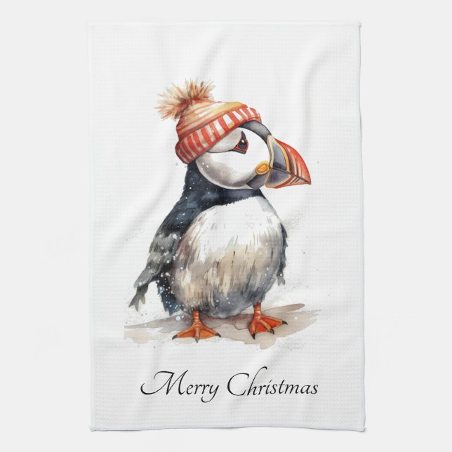 Merry Puffin, custom Kitchen Towel (Vertical)
