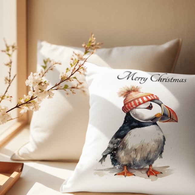 Merry Puffin, custom Throw Pillow (Creator Uploaded)
