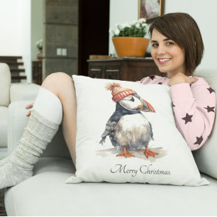 Merry Puffin Throw Pillow