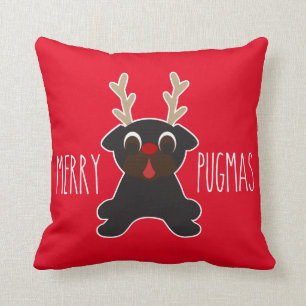 Merry Pugmas Black Pug Reindeer Throw Pillow