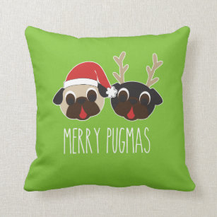 Merry Pugmas Christmas Pillow Reindeer & Santa Pug