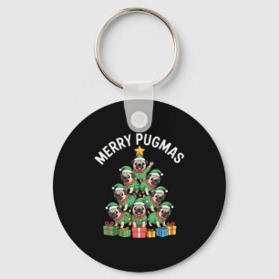 Merry Pugmas Funny Pug Christmas Tree Holiday Long Keychain