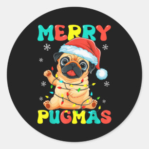 Merry Pugmas Pug Christmas Santa Pug Xmas Lights D Classic Round Sticker