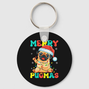 Merry Pugmas Pug Christmas Santa Pug Xmas Lights D Keychain