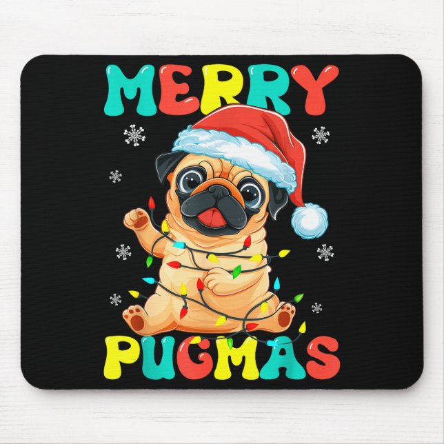 Merry Pugmas Pug Christmas Santa Pug Xmas Lights D Mouse Pad (Front)