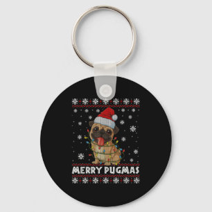 Merry Pugmas Ugly Christmas Sweater Cute Pug Dog  Keychain