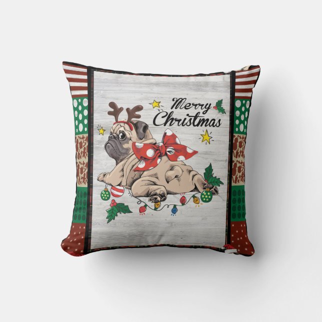 Merry Pugmas Xmas Pug Christmas Party Pug Lover  Throw Pillow (Front)