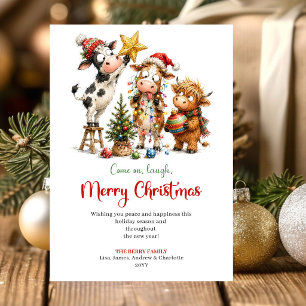 Merry Quirky Cows Holiday Christmas Greeting Card 