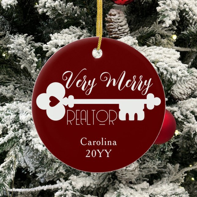 Merry Realtor New Home Key Custom Name Christmas Ceramic Ornament (Creator Uploaded)