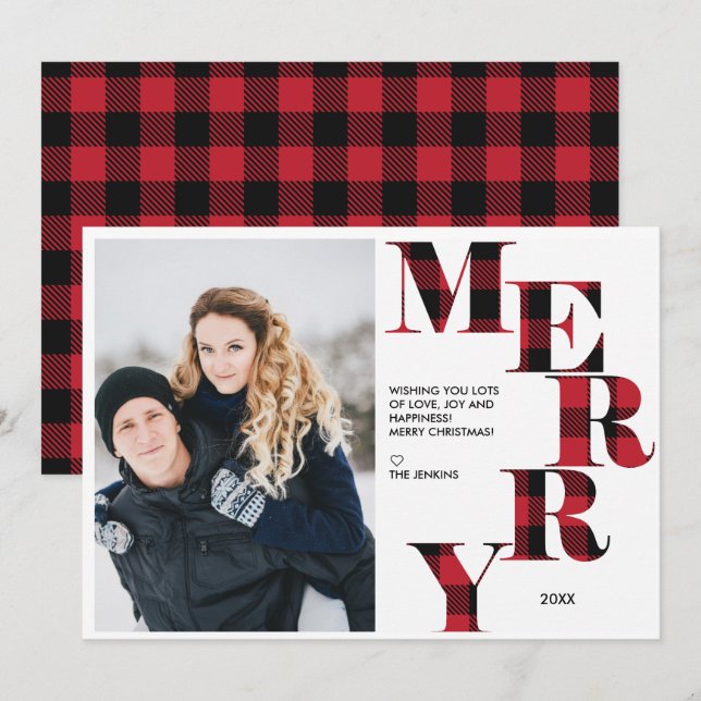 Merry | Red Buffalo Plaid Photo Holiday Invitation (Front/Back)