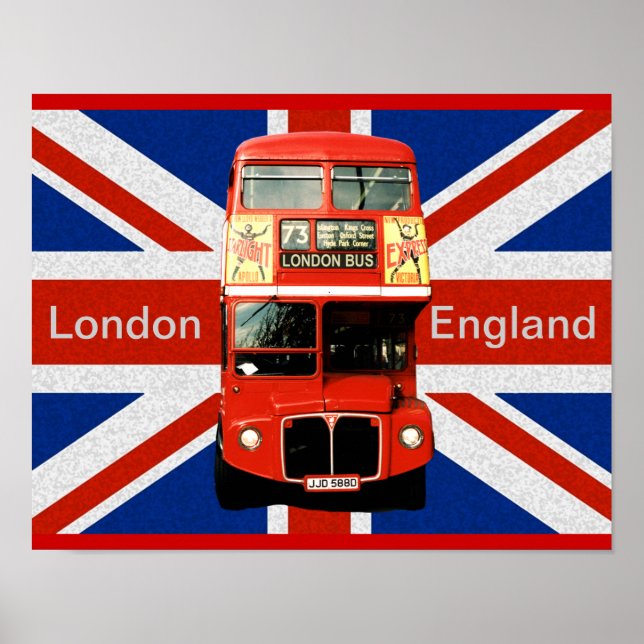 Merry Red Bus and British Flag Poster (Front)