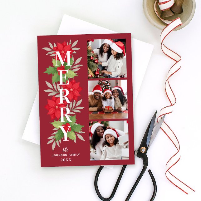Merry Red Christmas Floral 3 Photo Holiday Card (Creator Uploaded)