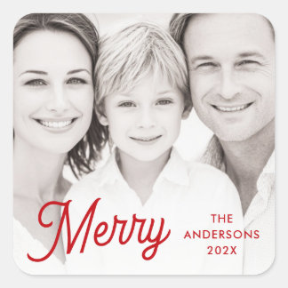 Merry red festive retro font name year photo square sticker