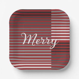 Merry -Red, Gray, Black, White Stripes Paper Plate