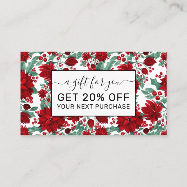 Merry Red Poinsettia Flowers Ivy Leaves Watercolor Discount Card (Front)