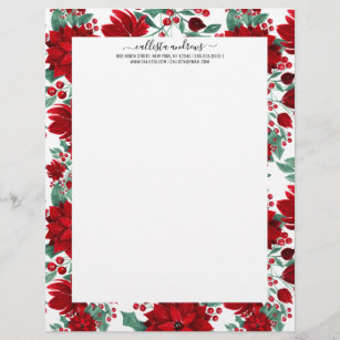Merry Red Poinsettia Flowers Ivy Leaves Watercolor Letterhead