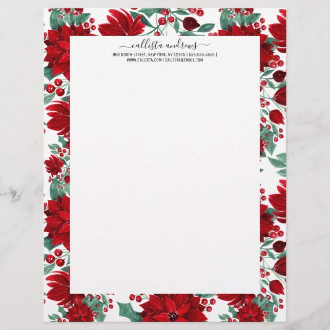 Merry Red Poinsettia Flowers Ivy Leaves Watercolor Letterhead (Front)