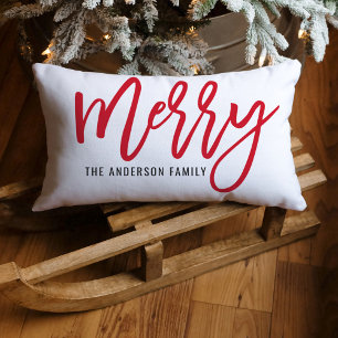 Merry Red Script Family Name Christmas Lumbar Pillow