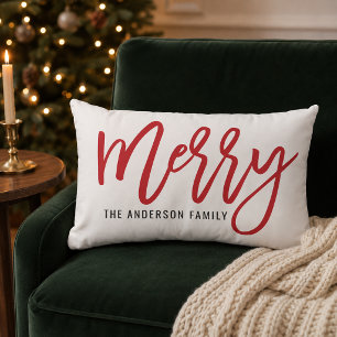 Merry Red Script Family Name Christmas Lumbar Pillow