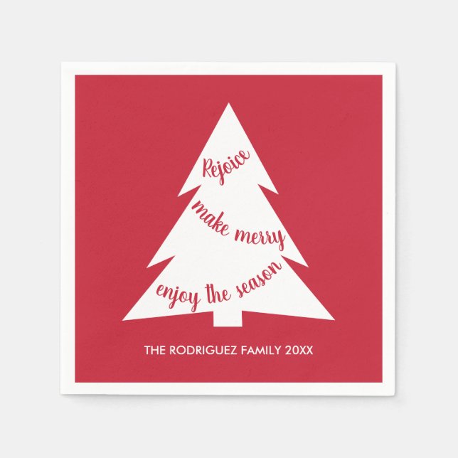 Merry Red White Christmas Tree Name Holiday Party Napkin (Front)