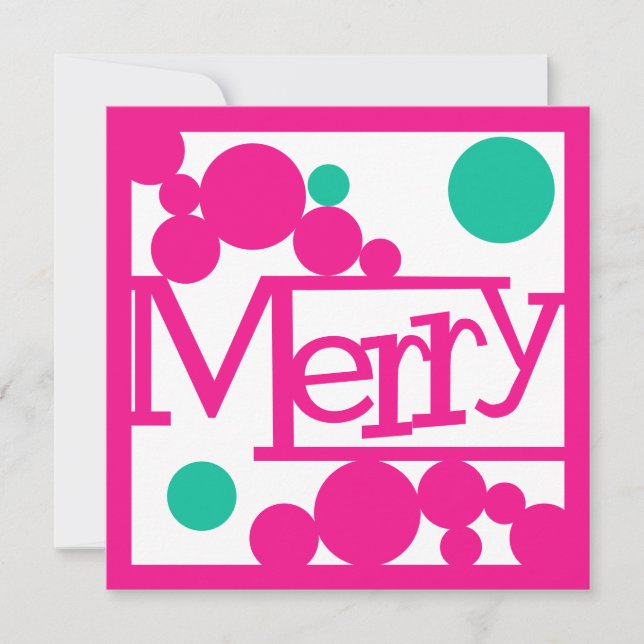 Merry Retro Bubbles Hot Pink and Green Holiday Card (Front)