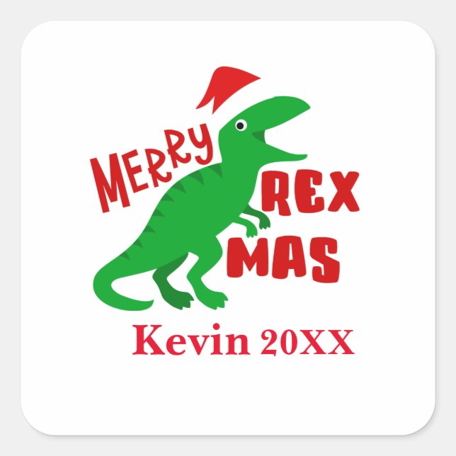 Merry Rex Mas Personalize Childrens TRex Dinosaur  Square Sticker (Front)