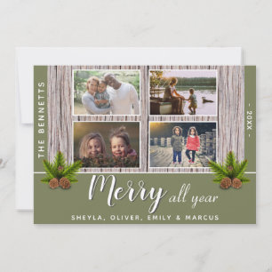 Merry Rustic Wood Christmas Family 4 Photo Collage Holiday Card