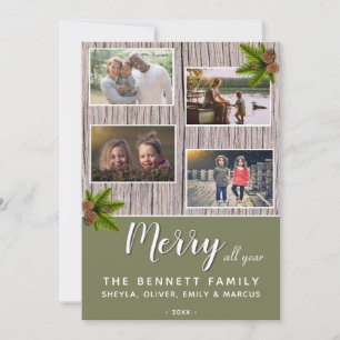 Merry Rustic Wood Christmas Family 4 Photo Collage Holiday Card