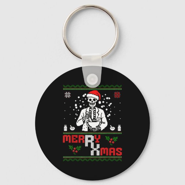 Merry Rx Mas Skeleton Pharmacist Pharmacy Tech Ugl Keychain (Front)