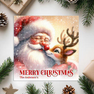 Merry Santa Claus Rudolph Personalized Kids Holida Jigsaw Puzzle