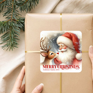 Merry Santa Claus Rudolph Personalized Kids Holida Square Sticker