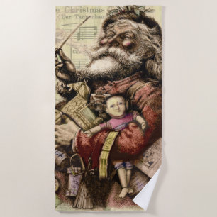 Merry Santa Claus Tree Classic Illustration Beach Towel