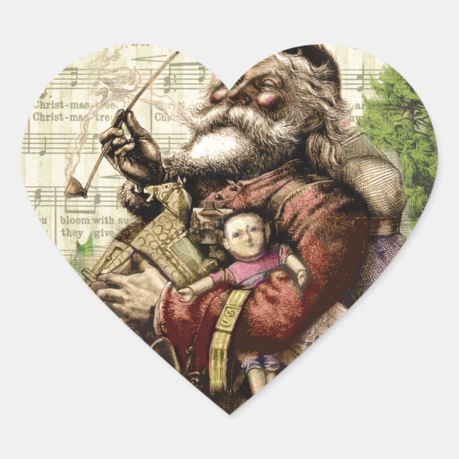 Merry Santa Claus Tree Classic Illustration Heart Sticker (Front)
