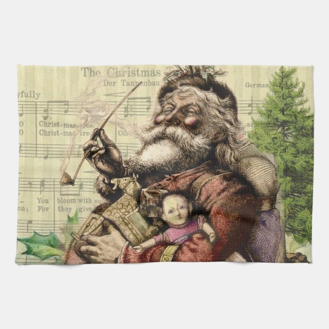 Merry Santa Claus Tree Classic Illustration Kitchen Towel (Horizontal)