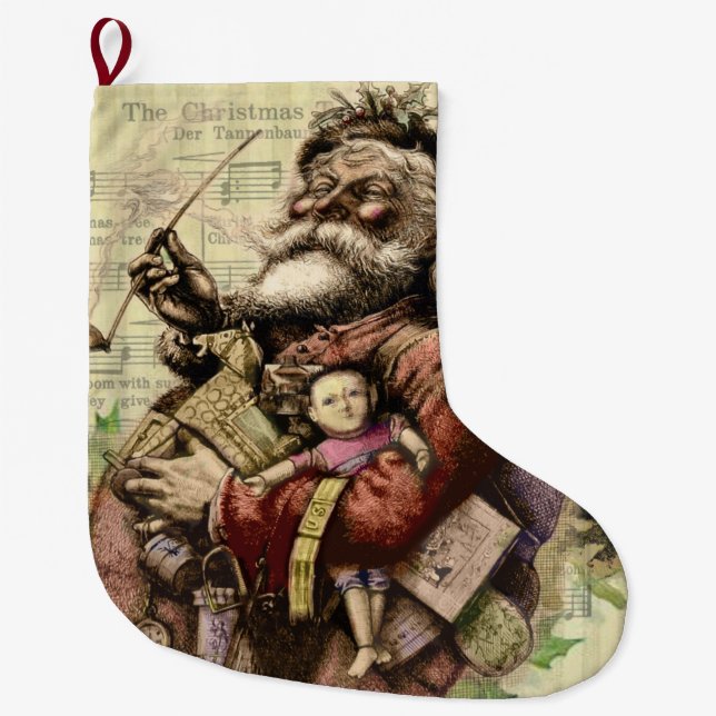 Merry Santa Claus Tree Classic Illustration Large Christmas Stocking (Front)