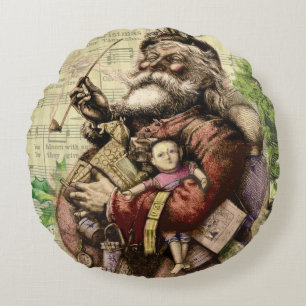 Merry Santa Claus Tree Classic Illustration Round Pillow