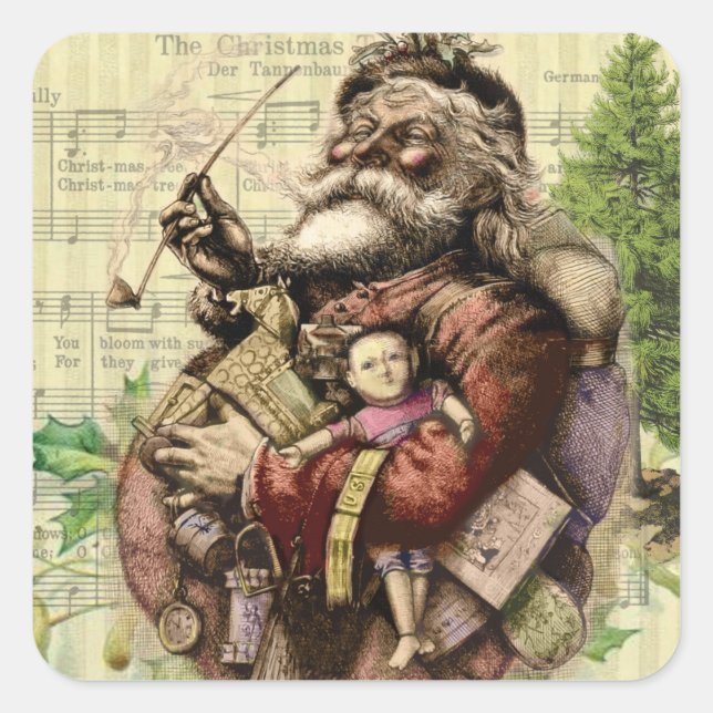 Merry Santa Claus Tree Classic Illustration Square Sticker (Front)
