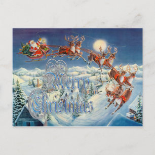 "MERRY SANTA, SLEIGH & REINDEER by SHARON SHARPE Holiday Postcard