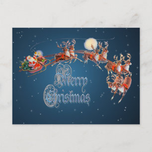 "MERRY SANTA, SLEIGH & REINDEER by SHARON SHARPE Holiday Postcard
