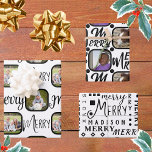MERRY Script Black On White 4 Photo Christmas Wrapping Paper Sheet<br><div class="desc">Personalized holiday photo wrapping paper is a cute way to bring smiles around the Christmas tree and this MERRY script design assortment in elegant black and white is an easy way to create your own. Just fill in the templates by adding your photos and add your child's name (or your...</div>