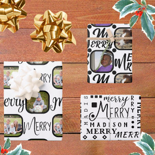 MERRY Script Black On White 4 Photo Christmas Wrapping Paper Sheet
