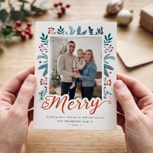 Merry Script Christmas Berry Holly and Pine Photo Holiday Card