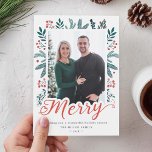 Merry Script Christmas Berry Holly and Pine Photo Holiday Card<br><div class="desc">Send your Christmas Wishes with this Holiday Photo card that feature Holly Berries Leaves with a Stunning Merry Script to highlight your greeting message.</div>