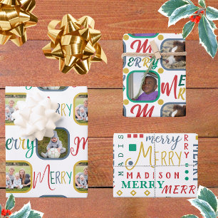 MERRY Script Colorful On White 4 Photo Christmas Wrapping Paper Sheet