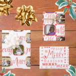 MERRY Script Coral Pink On White 4 Photo Christmas Wrapping Paper Sheet<br><div class="desc">Personalized holiday photo wrapping paper is a cute way to bring smiles around the Christmas tree and this MERRY script design assortment in coral pink on white is an easy way to create your own. Just fill in the templates by adding your photos and add your child's name (or your...</div>