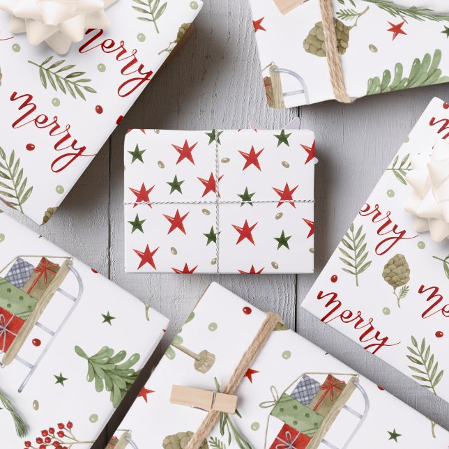 "Merry" script, Cozy Sleigh Scenes, Stars Wrapping Paper Sheet ("Merry" script, Cozy Sleigh Scenes, Stars Wrapping Paper Sheets)